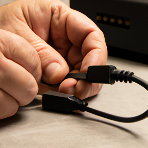 A close-up of hands plugging a cable into the dock station