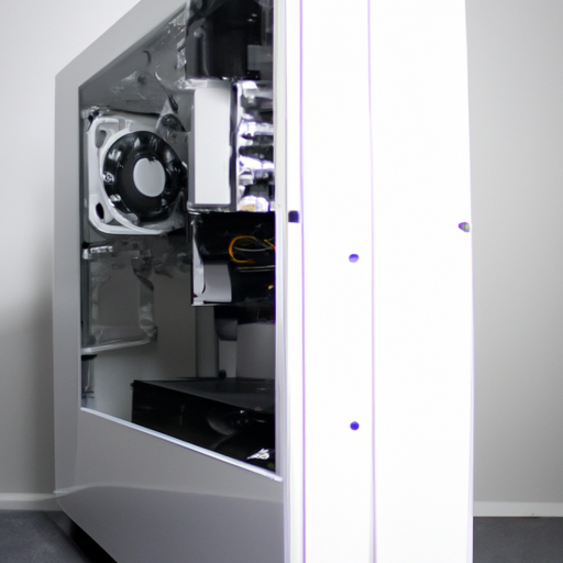 A sleek white gaming pc tower with internal led lights on