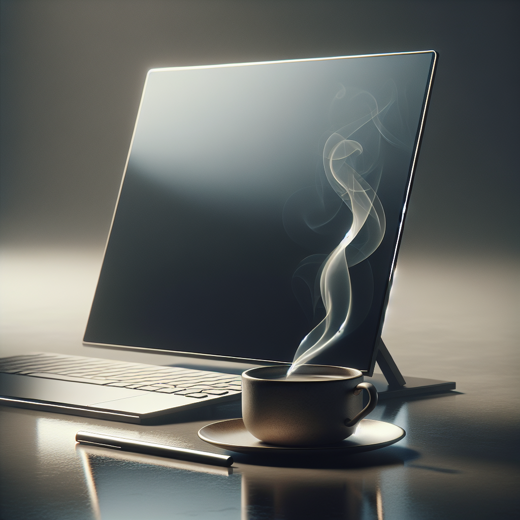 A slim portable monitor beside a coffee cup on a minimalist desk