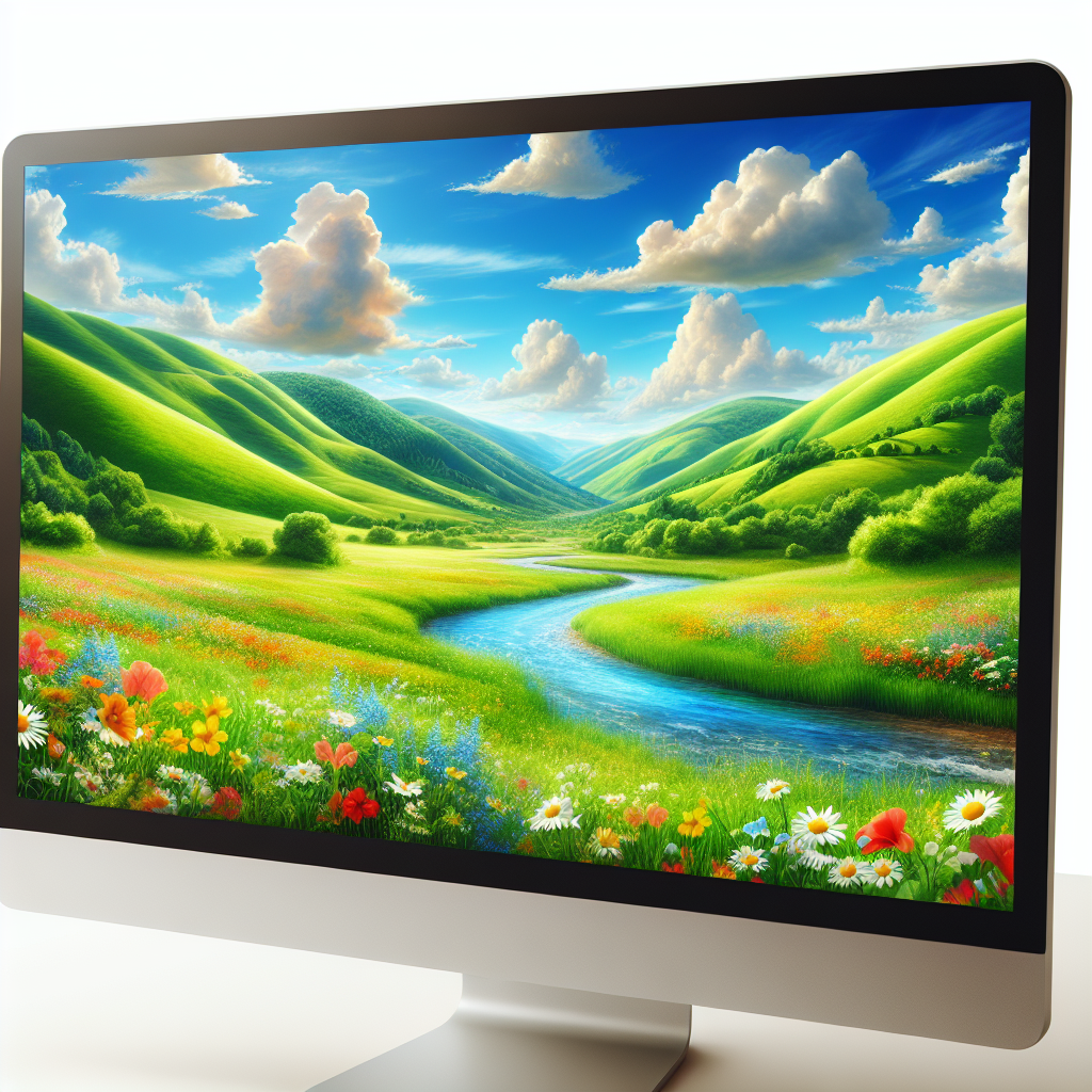 Close-up of the monitor screen displaying a vibrant landscape