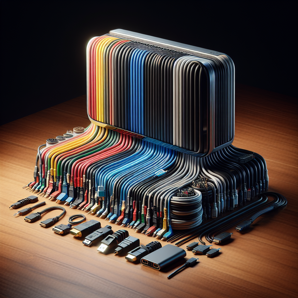 Various cables neatly arranged next to the portable monitor